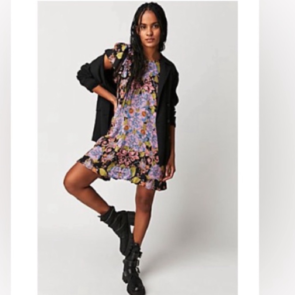 Free People Yara Printed Mini dress Twilight Combo floral ruffles pockets L